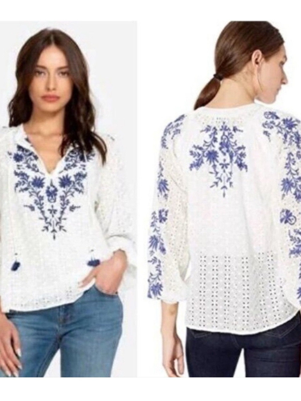 Johnny Was Jade Ramona Eyelet Embroidered Boho Blouse Ivory Blue Tassel Top